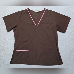 Urbane Scrub Top Size S Small Brown Pink Trim Short Sleeve Shirt With Pockets